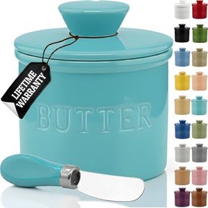 Priority Chef Large Butter Crock with Lid with Water Line, Ceramic French Butter Dish to Leave On Counter, Cool Green