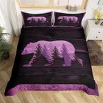 Castle Fairy Wild Bear Duvet Cover Jungle Animal Botanical Trees Decor Comforter Cover for Bedroom Decor Lodge Cabin Rustic Style Soft Bedding Set for Kids Teens Adults Queen Size Purple 3 Pieces