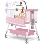 Hkleae Baby Bassinet,3 in 1 Baby Bassinets Bedside Sleeper with Musical Toy,Bedside Cribs with Storage Basket and Wheels,7 Height Adjustable Easy Folding Bassinet,Safe Co-Sleeping Crib (Pink)