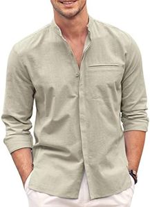 COOFANDY Men's Cotton Linen Shirt Long Sleeve Button Down Shirts Band Collar Beach Yoga Shirts, Dark Khaki, Medium