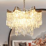 Depuley 19.7" Modern Gold Crystal Chandeliers, 2 Tiers 9-Light K9 Crystals Pendant Lamp, Adjustable Hanging Ceiling Light Fixture, Luxury Chandelier for Dinning Room Foyer, Included E12 Bulbs, UL