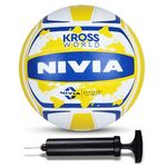 Nivia Kross World Volleyball with Ball Pump 6" Combo, Training Ball, 18 Panels, Rubber Machine Stitched with Smooth Surface Matt, Latex Bladder (Size - 4, Yellow/Blue)