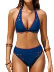 CUPSHE Women's Bikini Sets Two Piece Swimsuit High Waisted Halter Deep V Neck Back Hook Cheeky Bottom Stitching Embroidered Dark Blue Floral S