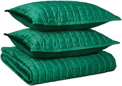 Tribeca Living Velvet King Quilt Set, Three-Piece Box Stitch Bedding, Includes Oversized Quilt & Two Shams, 260GSM Super Soft Velvet, Emerald Green