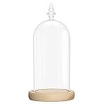 BELLE VOUS Glass Dome Cloche Bell Jar with Natural Wooden Base - 26.5cm/10.43 Inches - Clear Decorative Tabletop Display Case with Tray for Fairy Lights, Centrepieces and Antiques