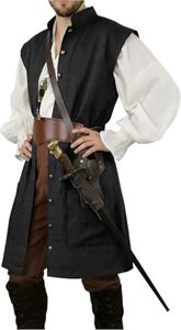 VIBNRIX Men's Black Pirate Vest — Long Sleeveless Renaissance Jerkin for Gothic LARP, Cosplay & Ren Faire