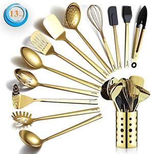 Berglander Gold Cooking Utensils Set, Stainless Steel 13 Pieces Kitchen Utensils Set with Titanium Gold Plating, Kitchen Tools Set with Utensil Holder, Dishwasher Safe, Easy to Clean