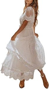 BLENCOT Womens Casual Summer Floral Lace Long Dress Short Sleeve Elegant Bohemian Dress Fashion Flowy Maxi Dress, White, Small