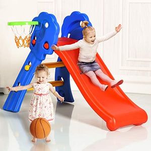 HONEY JOY Kids Slide with Basketball Hoop, 2 in 1 Foldable Slide and Climber for Children for Indoor and Outdoor Use, Playground Freestanding Slipping Slide Climber for Boys & Girls Aged 3-8 Years Old