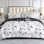 Conworld Reversible Duvet Cover Queen, White Black Tree Branch Pattern Queen Duvet Cover Set 3pc Soft Microfiber Breathable Botanical Bedding Sets with Zipper Ties