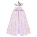 ACWOO Princess Cape for Girls, Colorful Princess Cloak with Crown, Princess Elsa Fancy Dress Up Sparkling Sequins Tulle Princess Cape Set for Halloween Birthday Party Cosplay (Rainbow, L)