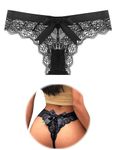 FULLJOYLOVE Women's Sexy Lace Panties Bowknot Thongs Ladies Plus Size Underwear Cheeky Tanga Low Rise Floral Lace Knicker See Through Hipster Bikini Briefs Breathable G-String Black