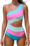 CUPSHE Women's One Piece Swimsuit One Shoulder Swimming Costume Cutout Color Block Swimwear Monokini Bathing Suit Pink/Blue M