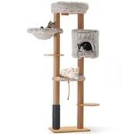 FUKUMARU Modern Cat Tree, 188cm Cat Tower Wall Mounted, Multi-level Cat Tree Tall with Jute Scratching Post, Hanging Basket, Ex-Large Cat Perch, and Cat Condo, Solid Rubber Wood Cat Trees and Towers