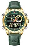 NAVIFORCE Men's Military Digital Watches Japanese Quartz Movement Analog Quartz Waterproof Watch Sport Multifunctional Leather Wristwatch (Gold Green), GOLD Green, Digital,Quartz Movement