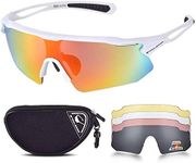 Cycling Glasses with 5 Interchangeable Lenses and TR90 Frame, UV400 Sports Sunglasses for Men Women Cycling Climbing Fishing Driving (White-Revo Red, 502(5 Lenses))