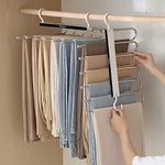 2 Pack Adjustable Pants Hangers 6 in 1 Plastic & Stainless Steel Folding Trousers Rack Non-Slip Space Saving Multipurpose Hanger Organizer for Jeans Tie Belt Scarf