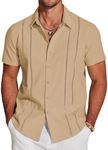 COOFANDY Men's Summer Shirts Short Sleeve Button Up Shirts Casual Linen Shirt Cuban Guayabera Shirts Light Tan