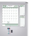 ALEZEL Magnetic Dry Erase Calendar for Fridge, Greenery Monthly Fridge Calendar Whiteboard Set - Vertical Monthly Calendar for Refrigerator, Grocery & to Do List White Board, 3 Markers + Eraser