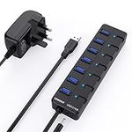 Powered USB Hub,VEMONT 7 ports SuperSpeed USB 3.0 Hub with Power Supply,USB Splitter Powered with Individual on/off LED Switches and 3.9ft/1.2m Long Cable for PC/Laptops/Ultrabooks/Desktops