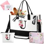 Floral Ini-tial Tote Bag for Women w Makeup Bag, Personalized Friends Birthday Gifts, Mono-gram Can-vas Beach Bag w Inner Pocket, Side Pocket, Shoulder Strap, Gift Box, Card, Sisters Grandma Gifts U