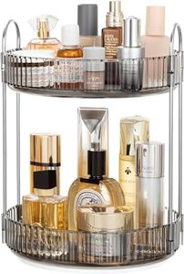 Vorey 360 Rotating Makeup Organizer Countertop 2 Tier Bathroom Organizer Spinning Perfume Organizers Skincare Organizers Makeup Carousel with Silver Handle Cosmetic Brush Storage, Clear Gray