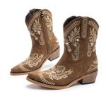 Cusolemore Brown Cowboy Boots for Women, Cowgirl Boots with Sparkly Embroidered Rhinestones, Short Western Ankle Boots for Women with Side Zipper Pull On Size 7