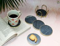 Monstera Hut ® Grey Marble Coaster Set with Brass Rim- (Set of 6 with Holder)