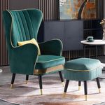 Sky Rise Decor Luxury Chair Wing Velvet Accent Chair Armchair Royal Stylish Single Seater Sofa Chair with Golden Strips Living Room Lounge Bedroom (1 Chair with 1 Footrest)