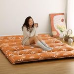 Japanese Floor Mattress, Foldable Thick Futon Mattress, Roll Up Tatami Mat, Portable Camping Sleeping Mat, Floor Lounger Bed for Guest Room, Dormitory, Full Size, Brick Red Floral (80" L x 54" W)