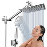 COSYLAND 8'' Rainfall Stainless Steel Fixed Shower Head/Handheld Showerheads Combo 5 Settings with Extension Arm Height/Angle Adjustable, High Pressure Anti-Leak, Chrome