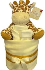 Pannolino Torta Neutro Unisex Baby Gift – Mussola Square wrap 9 Premium Pannolini Bavaglino Calzini e Peluche Morbido Giraffa