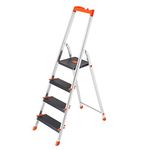 SONGMICS Step Ladder, 4-Step Folding Ladder with 12 cm Wide Steps, with Tool Tray and Anti-Slip Feet, Max. Static Load 150 kg, Black and Orange GLT04BK