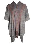 ZLYC Women's Shawl Golden Trim Knit Blanket Wrap Fringe Poncho Coat Cardigan, Space Dyed Gray, One Size