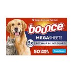 Bounce Dryer Sheets - Pet Hair & Lint Guard - Mega Sheet - Fresh Scent - 50 Count Sheets Per Box - One (1) Box