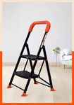 Bathla Ascend Steel 2 Step Heavy Duty Ladder for Home | Wide Anti-Slip Steps | 5 Year Manufacturer Warranty | Safety Hand Grip & Secured Joints (Orange & Black)