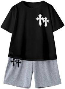 BEAUDRM Boy's 2 Piece Outfit Cross Graphic Short Sleeve Tee Shirt and Shorts Set Sport Tracksuit Black and Grey 14Y