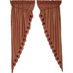 VHC Brands Star Cotton Primitive Curtains Rod Pocket Drawstring Ties Appliqued Prairie Panel Pair, Burgundy Red