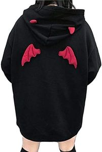 Womens Devil Wings Red Horn Sweatshirt Long Sleeve Hoodie Pullover Hooded Tops, Black, X-Large