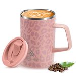 Ideus Vacuum Insulated Coffee Mug, 16oz Reusable Stainless Steel Thermal Double Walled Cup with Handle and Slider Lid for Hot & Cold Beverages, BPA Free (Leapord Pink)