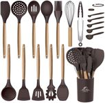 MIBOTE Silicone Cooking Kitchen Utensils Set with Holder, Wooden Handles BPA Free Non Toxic Silicone Turner Tongs Spatula Spoon Kitchen Gadgets Utensil Set for Nonstick Cookware (Coffee)