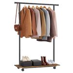 SONGMICS Clothes Rail, Portable Clothing Rack on Wheels, 98.5 cm Metal Clothes Rail, with Stoarge Shelf, Loads up to 55 kg, for Bedroom, Closet, Rustic Brown and Ink Black HSR151B01