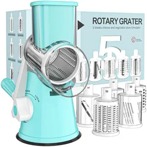 Cambom Rotary Cheese Grater Hand Crank Cheese Shredder for Fresh Cheese, Vegetable, Nuts,Non-slip Suction Base, Five Blades, Blue