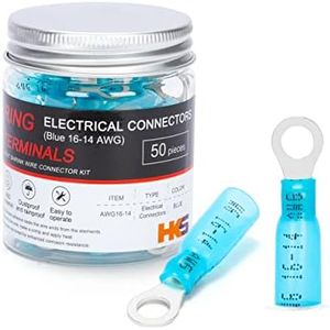 HKS 50 PCS Ring Terminals #10 Blue 16-14 AWG - M5 - Electrical Connectors - Heat Shrink Wire Connector Kit - Tinned Red Copper - Automotive Marine Ring Connectors - Waterproof and Insulated
