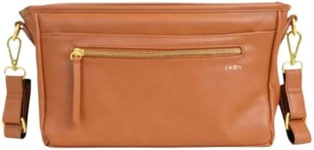 FAWN DESIGN The Stroller Caddy, Premium Matte Faux Leather Stroller Organizer with Cup Holder, Brown Diaper Bag with Adjustable Stroller Straps, 2 Exterior Pockets 1 Zipper Pocket, 14x 5x 7 inches