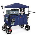 EVER ADVANCED 225L Festival Trolley on Wheels with Removable Canopy, 150KG Heavy Duty Camping Trolley, Push & Pull Beach Cart with 3 Large Pockets, Garden Folding wagon Fishing Blue