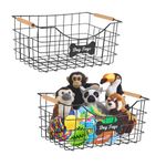 Dog Toy Box-Metal Dog Toy Basket-2Pack Wire Mesh Basket with Wood Handle and Bone Decoration Wire Storage Baskets Black Chew-Proof Dog Food Toy Storage Container Pet Storage Box Leashes Blankets,Toys