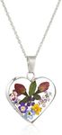 Amazon Essentials Sterling Silver Multicolor Pressed Flower Heart Pendant Necklace,18" (previously Amazon Collection)