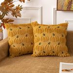 UGASA Halloween Fall Pumpkins Pillow Covers 18x18 Inch Set of 2 Soft Plush Faux Fur Cute Thanksgiving Decorative Throw Pillows Country Style for Couch Sofa Gifts Mustard Yellow