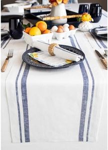 Solino Home Linen Table Runner 156 Inches Long - 100% Pure Linen Navy and White French Stripe Table Runner 14 x 156 Inch for Dining, Spring, Summer, Memorial Day